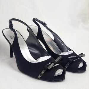 Stuart Weitzman Black Peep Toe Sparkle Bow Heel Pumps